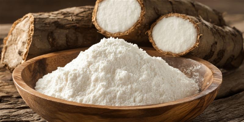 CareStarch: Die vielseitigen Vorteile und Anwendungen von Tapiokastärke Tapiokawurzeln hinter einer Schüssel mit Stärke