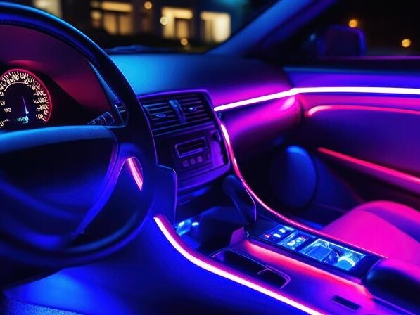 Wnętrze samochodu z niebieskim i różowym oświetleniem