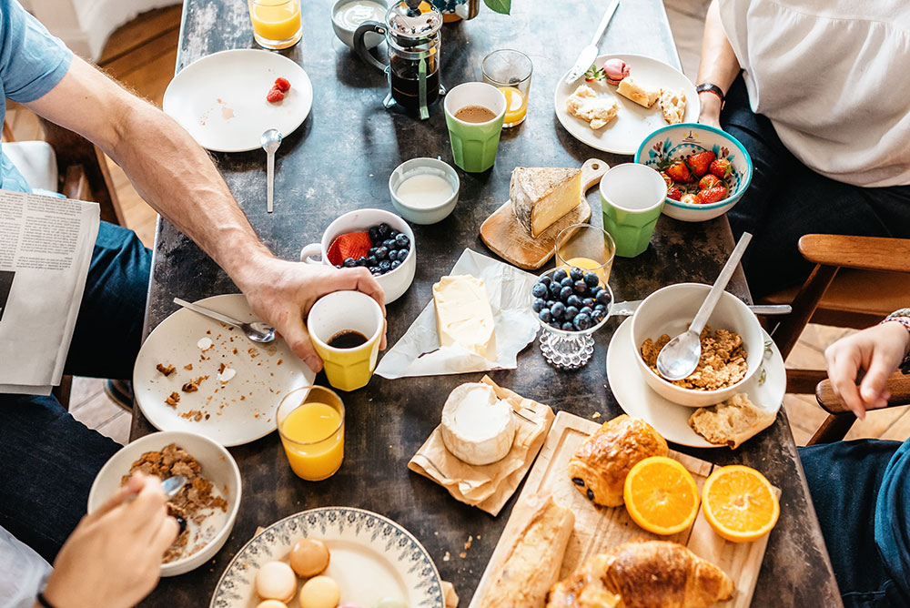 Safety of food products Food on a breakfast table, dayries, coffee, muesli,