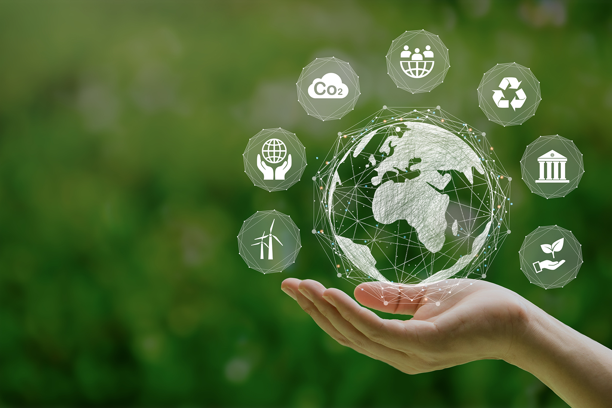 Upcycled solutions for cosmetics Animated globe flying over a human hand pretending to hold it