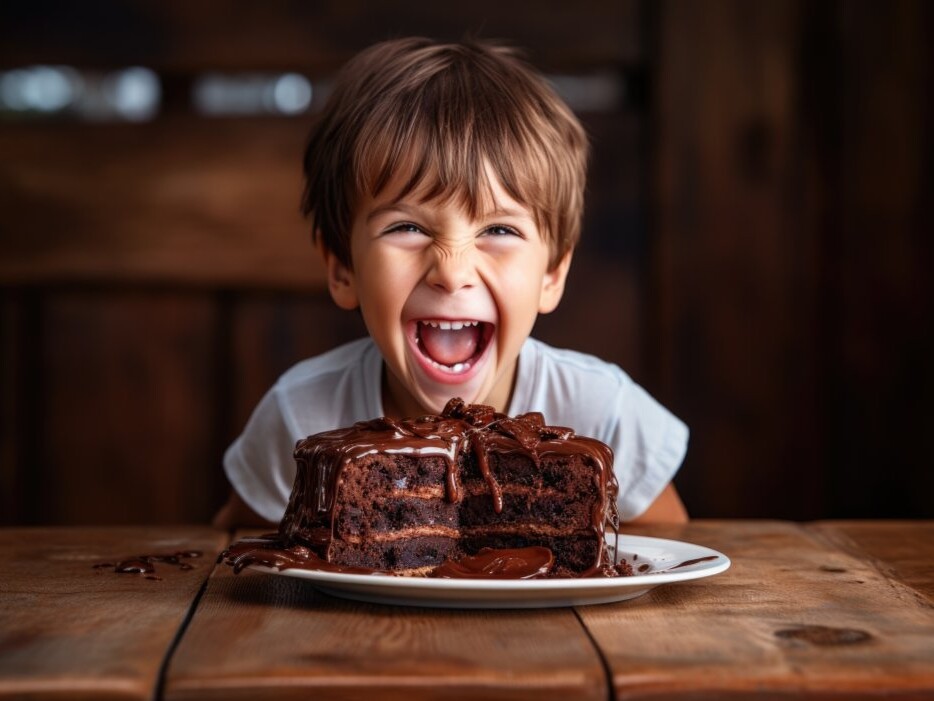 Junge lächelt über einen Schokoladenkuchen