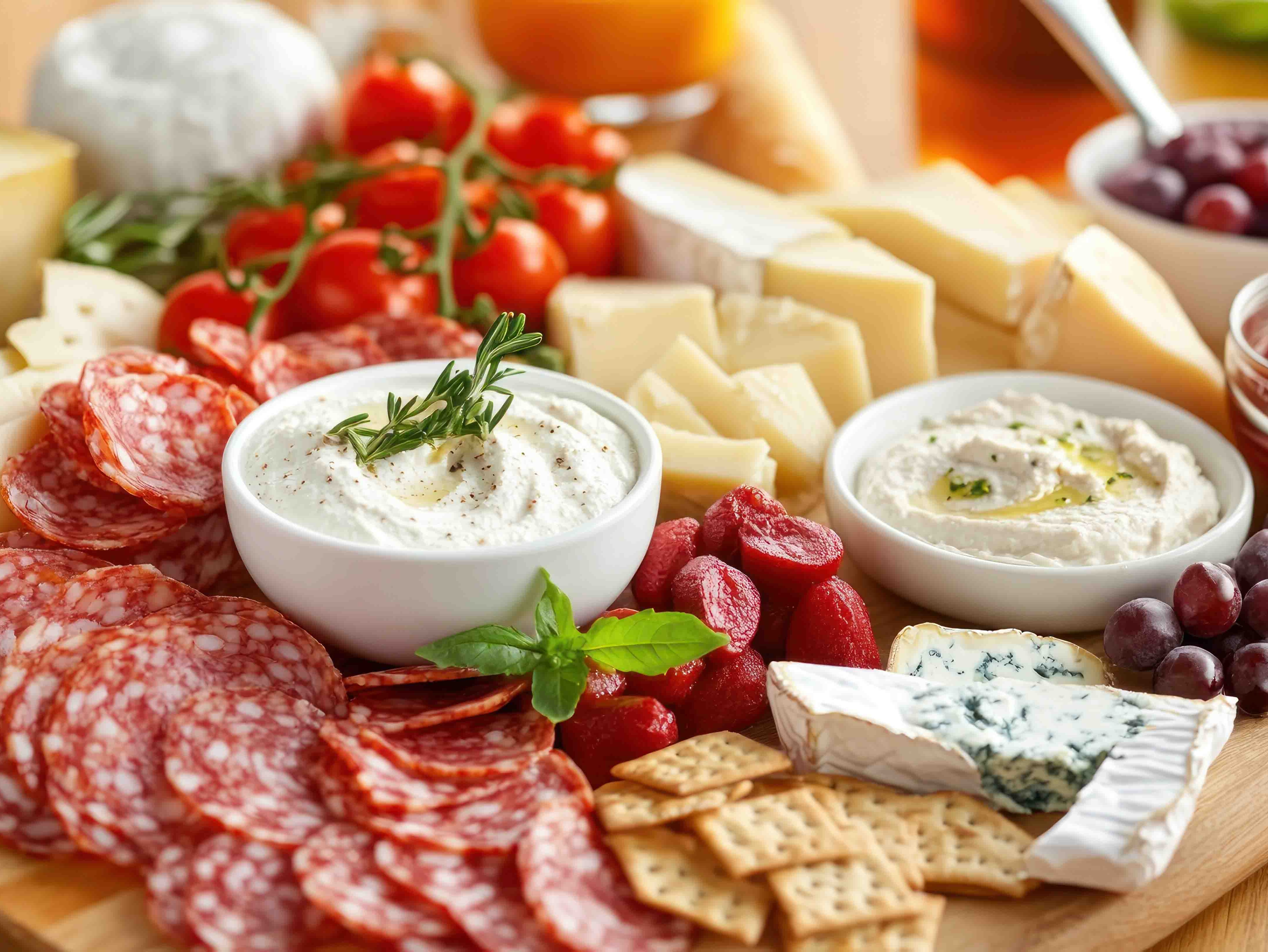 Wszechstronność produktów Caremoli Drewniany talerz z serem, krakersami i salami