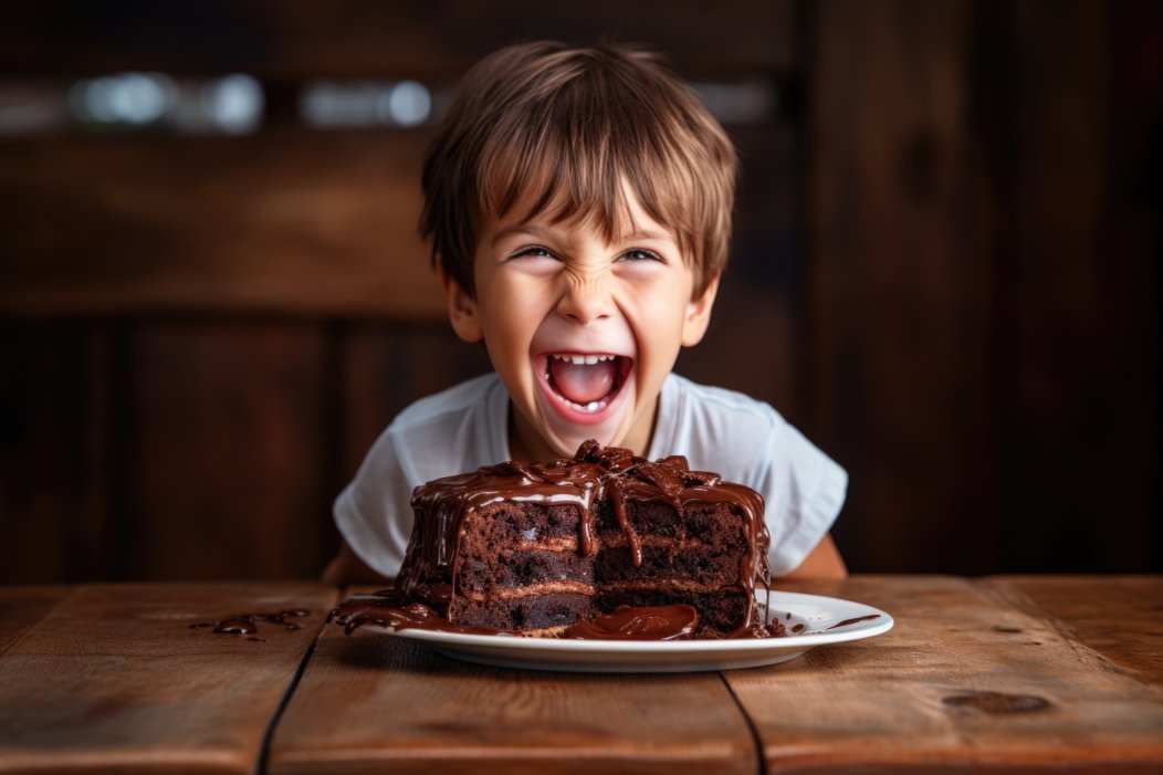 Junge lächelt über einen Schokoladenkuchen