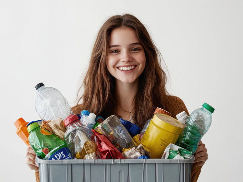 femme avec un conteneur contenant plusieurs déchets plastiques