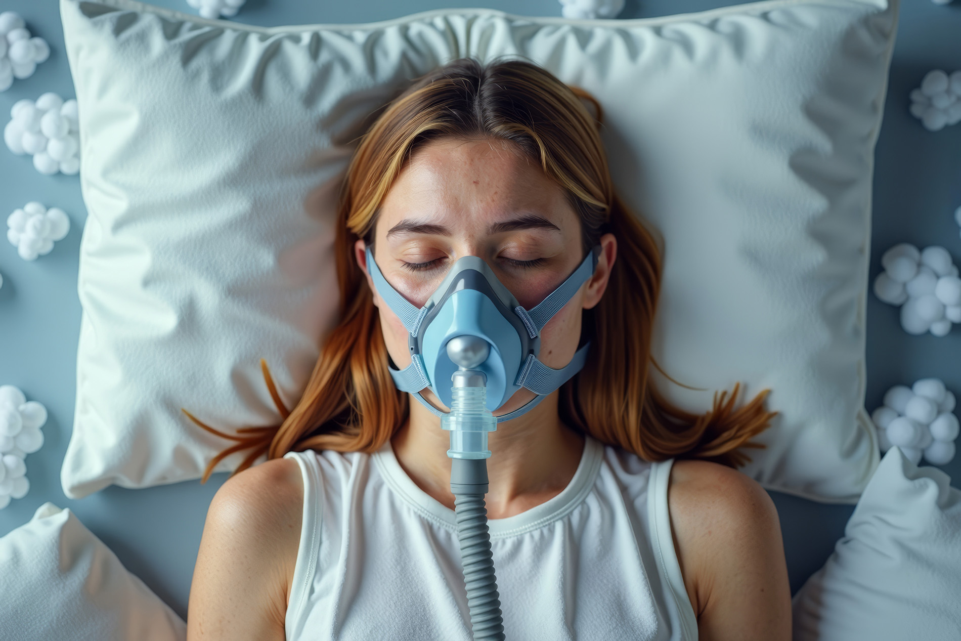 TPE innovations from MARFRAN A person is lying on a bed wearing a CPAP mask, surrounded by pillows and small white objects