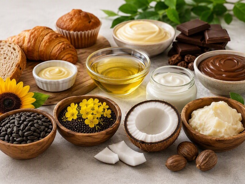 Palm-Free Fat Solutions for Modern Formulations Pastries, coconut, seeds and oils on a table