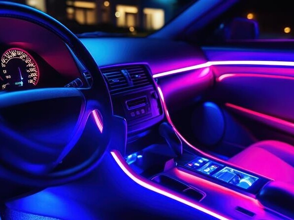 Optische Innovation für die Zukunft der Beleuchtung Auto-Innenraum mit blauer und pinker Beleuchtung