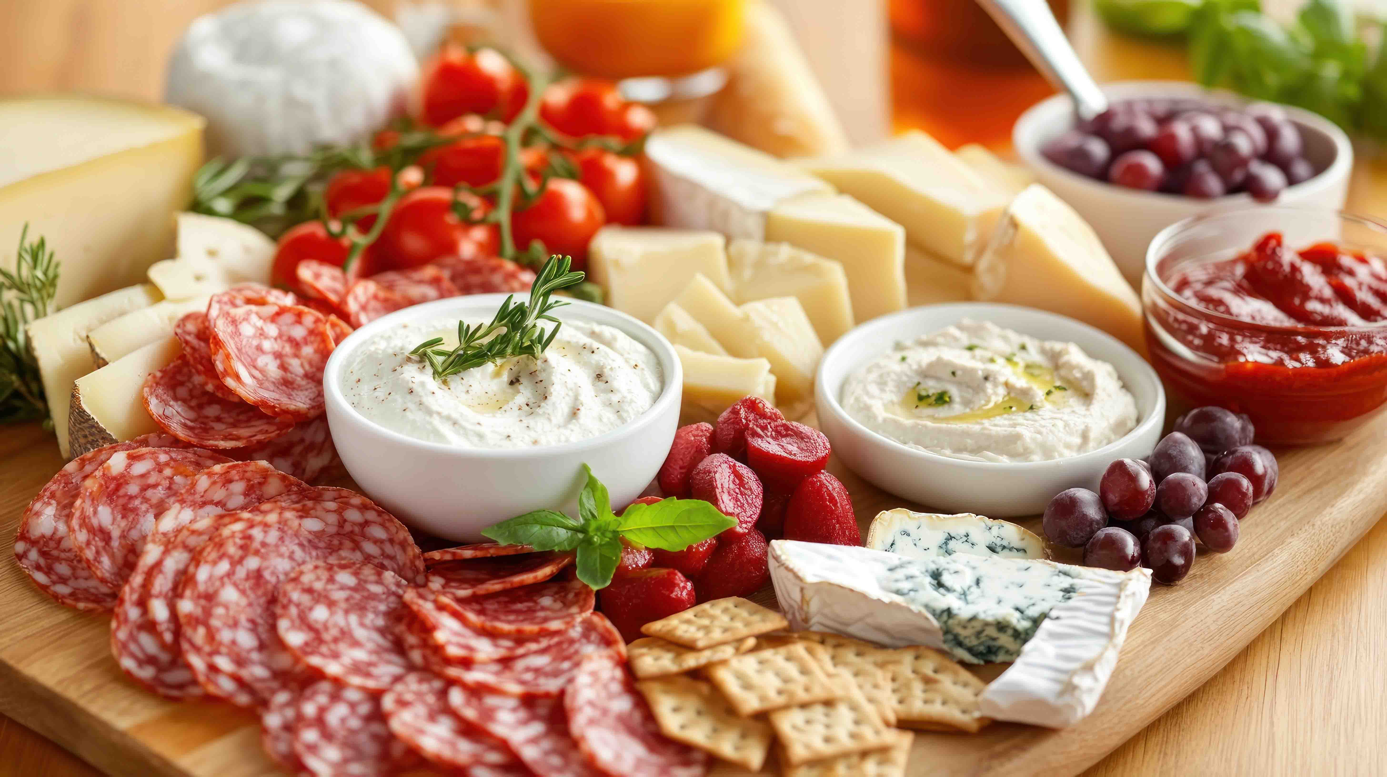 Wooden plate with cheese, crackers and salami