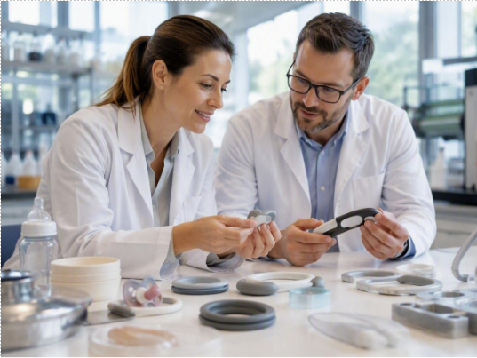 Nouveau caoutchouc de silicone liquide auto-adhésif de WACKER Des scientifiques dans un laboratoire