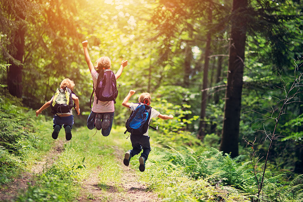 Family of three jumping on a hike in a forest