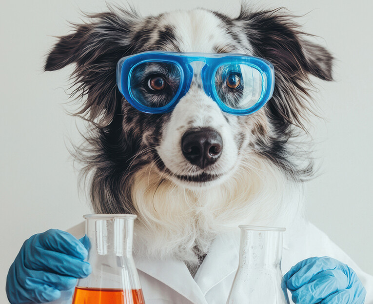 Câine cu ochelari și mănuși care imită o persoană dintr-un laborator