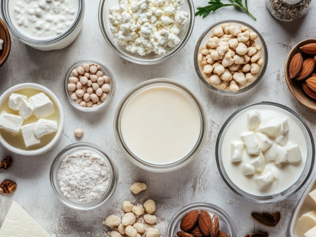 Overview of plant based dairy products in glass containers on a table