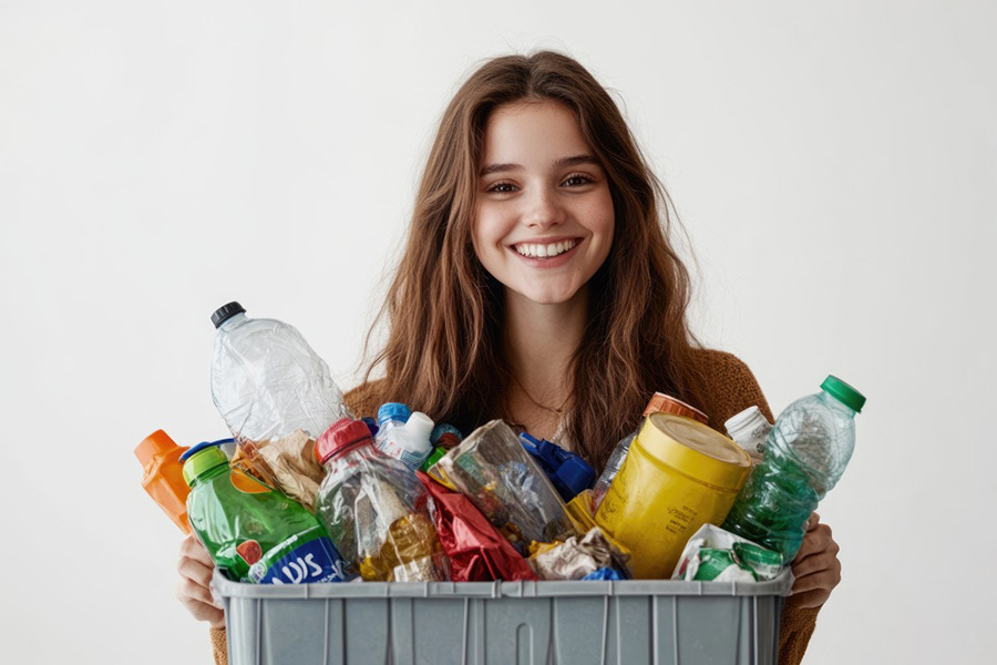 Honeywell A-C® Wydajne dodatki: Rewolucja w recyklingu tworzyw sztucznych Kobieta trzymająca wiadro pełne plastikowych śmieci