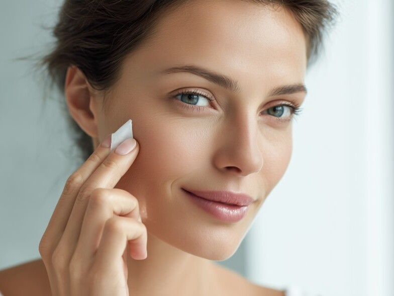 Frau trägt ein Hautpflegeprodukt auf das Gesicht auf.