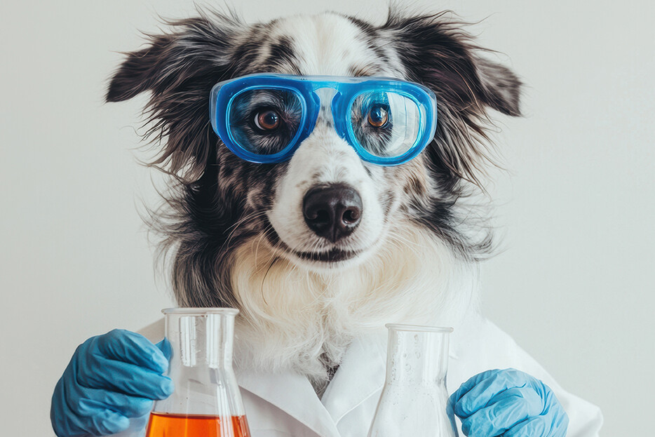 Dog with glasses and gloves imitating a person from a lab