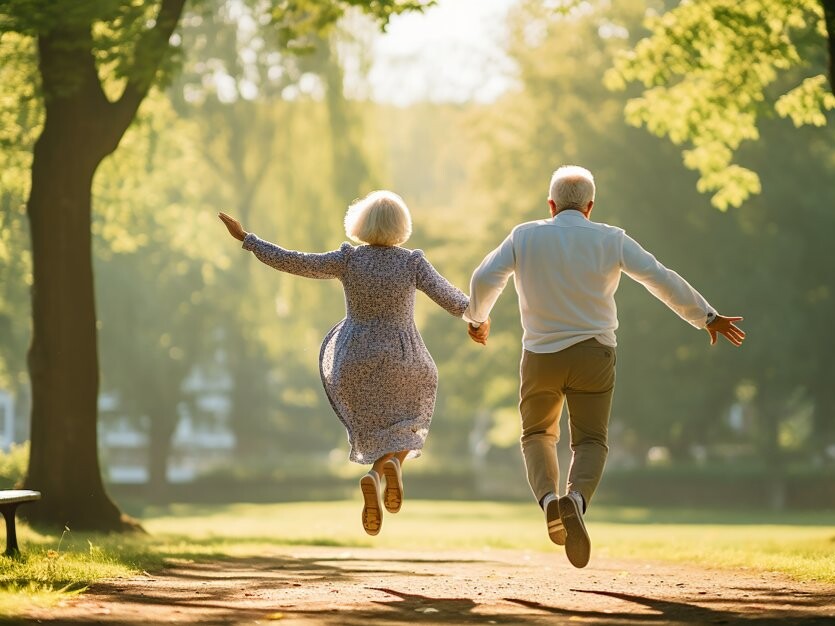 Fit Age Joghurt – Für gesundes Altern und bewussten Genuss Älteres Paar hüpft