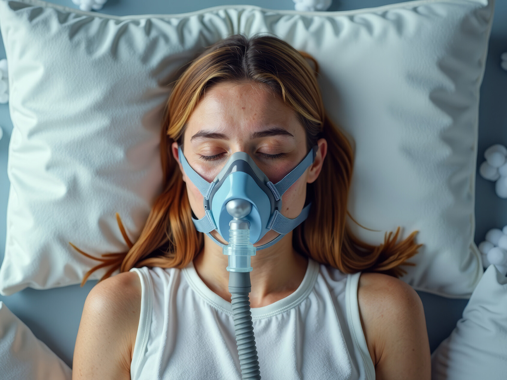 Inovace TPE od společnosti MARFRAN Na posteli leží osoba s maskou CPAP, obklopená polštáři a malými bílými předměty.