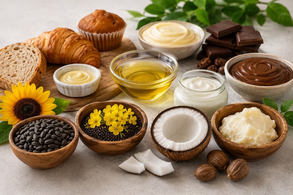 Palm-Free Fat Solutions for Modern Formulations Pastries, coconut, seeds and oils on a table